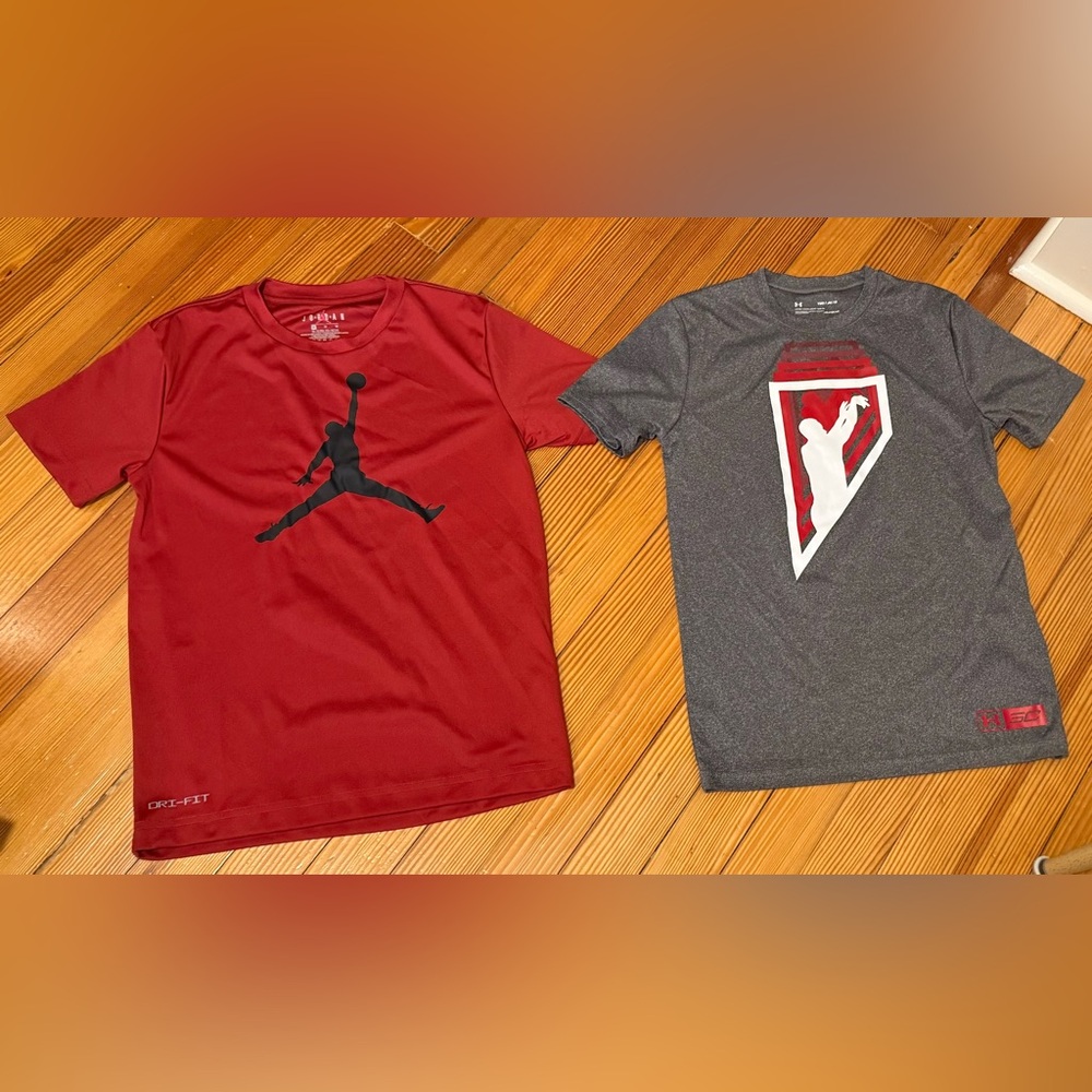 2 basketball tees. Jordan. Under Armour. Boys size M